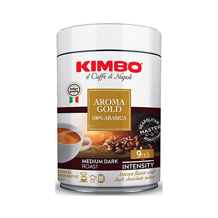 CAFE TOSTADO Y MOLIDO AROMA ORO EN LATA KIMBO 250GR